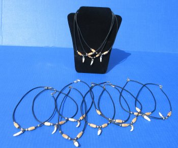 Wholesale Alligator Tooth Necklace with silver gator cap & tan beads - 12 pcs @ $3.75 each; 48 pcs @ $3.35 each