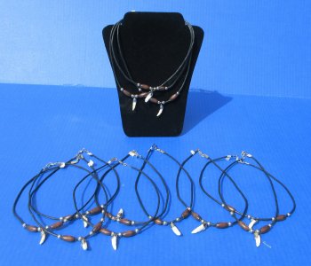 Wholesale 18 inch Alligator Tooth Necklace with silver cap & dark brown beads - 12 pcs @ $3.75 each; 48 pcs @ $3.35 each