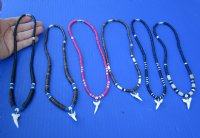 Wholesale Mako Shark tooth necklace 1 to 1-1/8 inch wrapped with silver colored wire on an assorted color coconut bead necklace - Packed: 5 pcs @ $4.00 each; Packed: 25 pcs @ $3.50 each