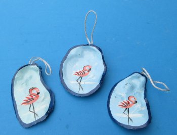 3" to 4" Painted Flamingo on Oyster Shell ornament - 10 pcs @ $1.25; 50 pcs @ $1.10 each