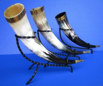 Wholesale Decorative Drinking Horns with Rod Iron Stand 15 to 18 inches - 2 pcs @ $14.75; 8 pcs @ $13.25 each