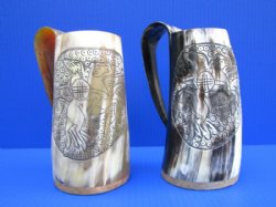 Wholesale Polished buffalo horn mug with carved flying horse design - $28.00 each; 6 pcs @ $25.00 each  