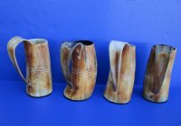 Wholesale 8 inch Natural Viking buffalo horn mugs, half carved, half buffed.  You are buying a buffalo horn mug similar to the ones pictured $32.00 each; Packed: 6 pcs @ $28.00 each