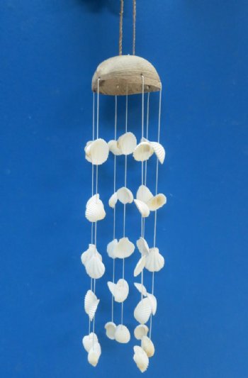 19 inches White Seashell Wind Chimes Wholesale made with ribbed cockles and pecten shells -  6 pcs @ $3.00 each;  24 pcs @ $2.70 each